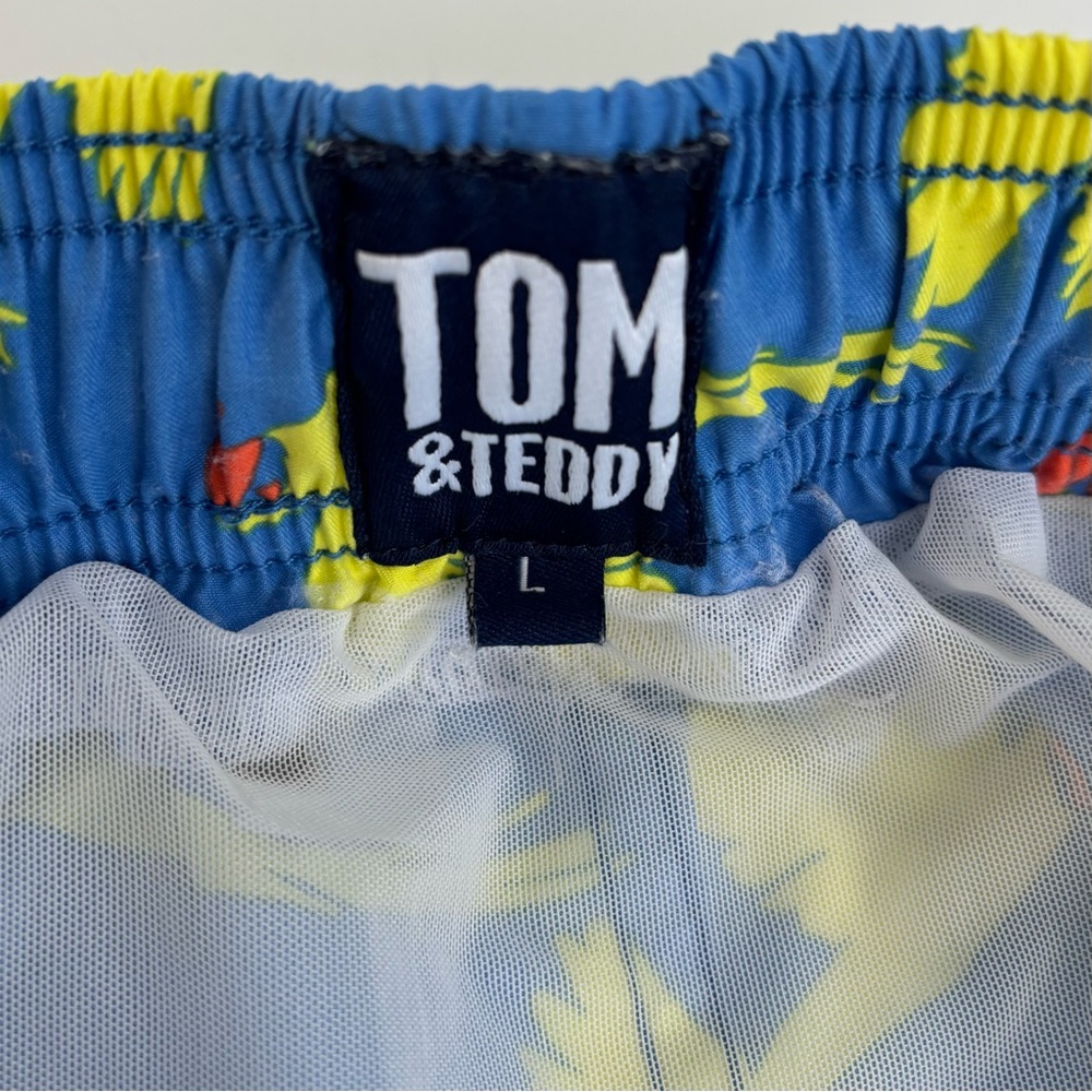 TOM & TEDDY Parrot Swim Trunks Board Shorts 7” Blue Yellow Size Large EUC - Picture 5 of 14
